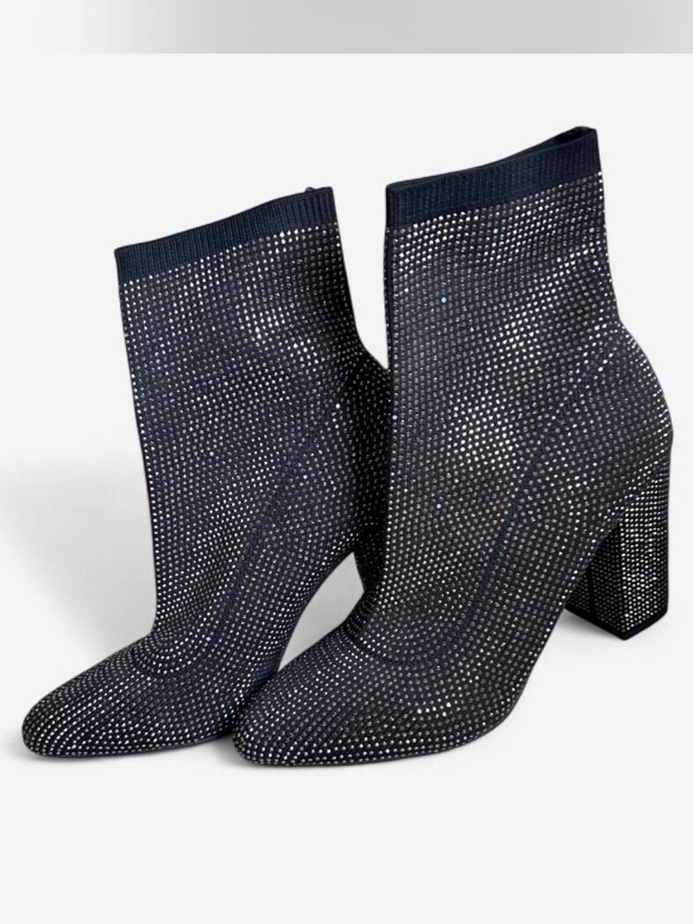 12 Thomson Kellie black ankle boots with silver rhinestone bedazzled block heel